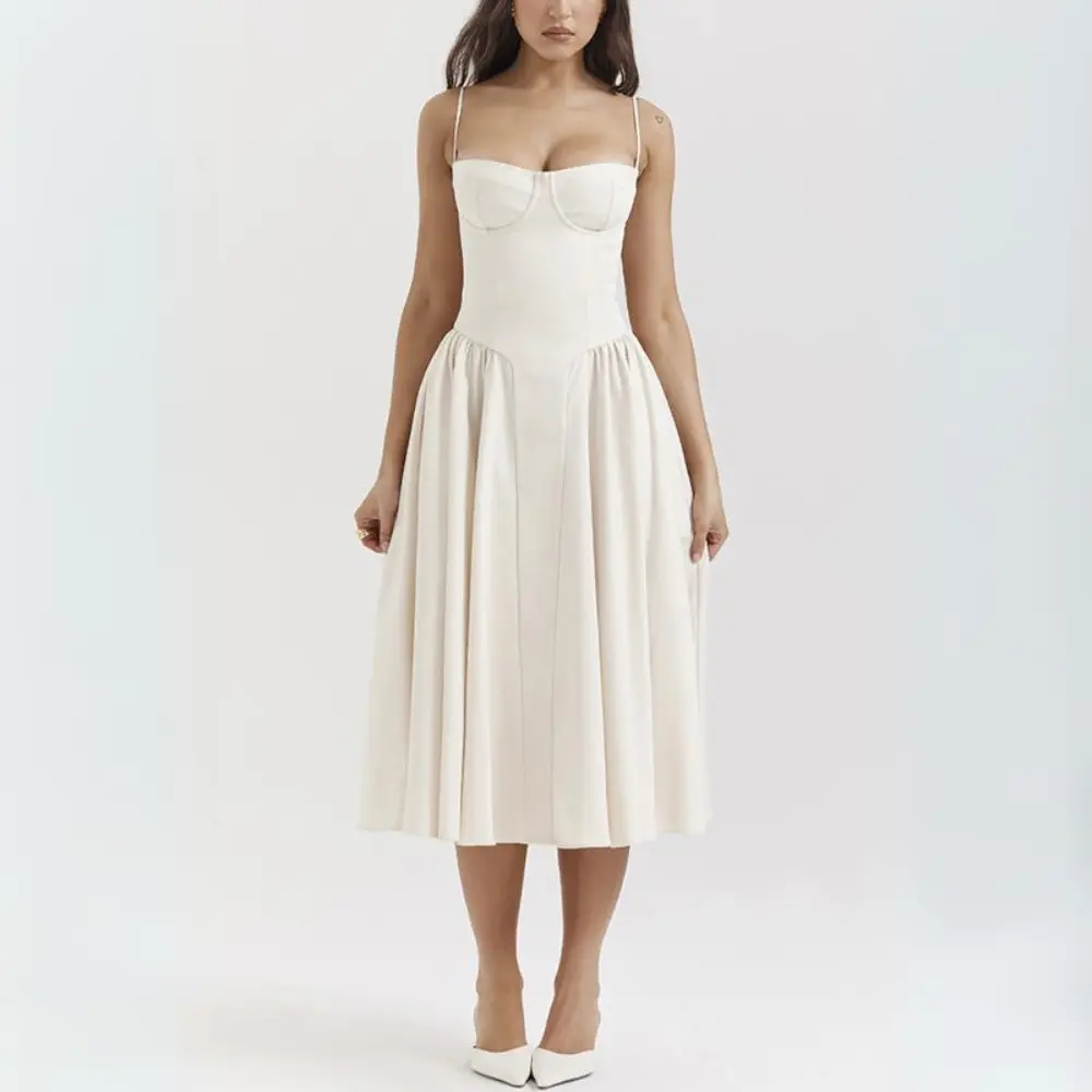 Vintage solid cami midi dress with A-line silhouette, spaghetti straps, and elegant backless design