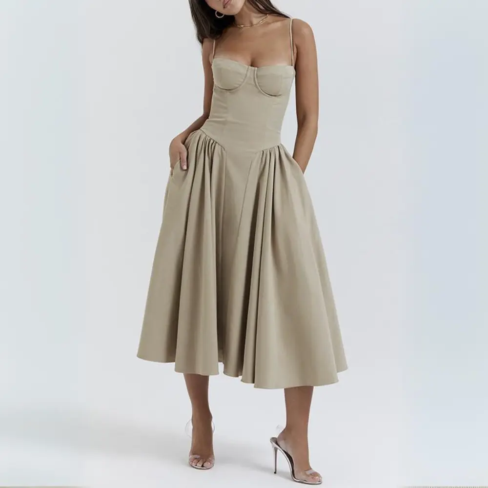 Vintage solid cami midi dress with A-line silhouette, spaghetti straps, and elegant backless design