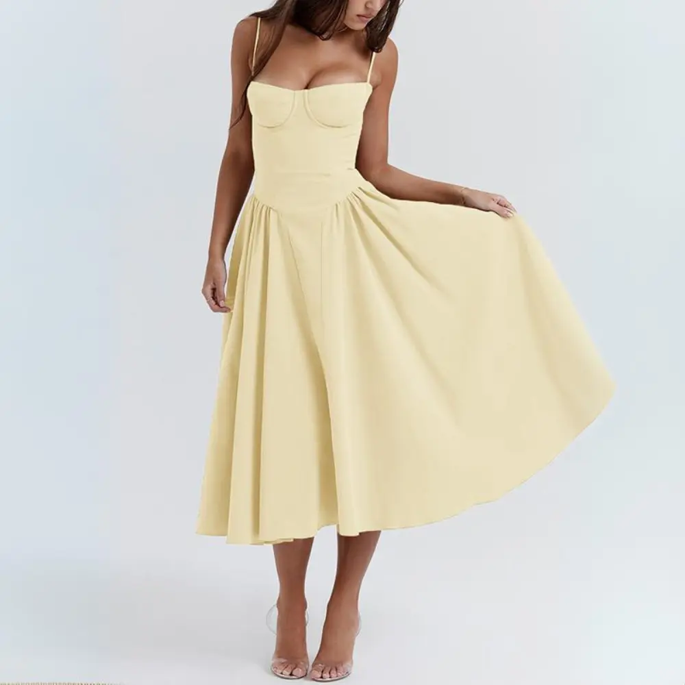 Vintage solid cami midi dress with A-line silhouette, spaghetti straps, and elegant backless design