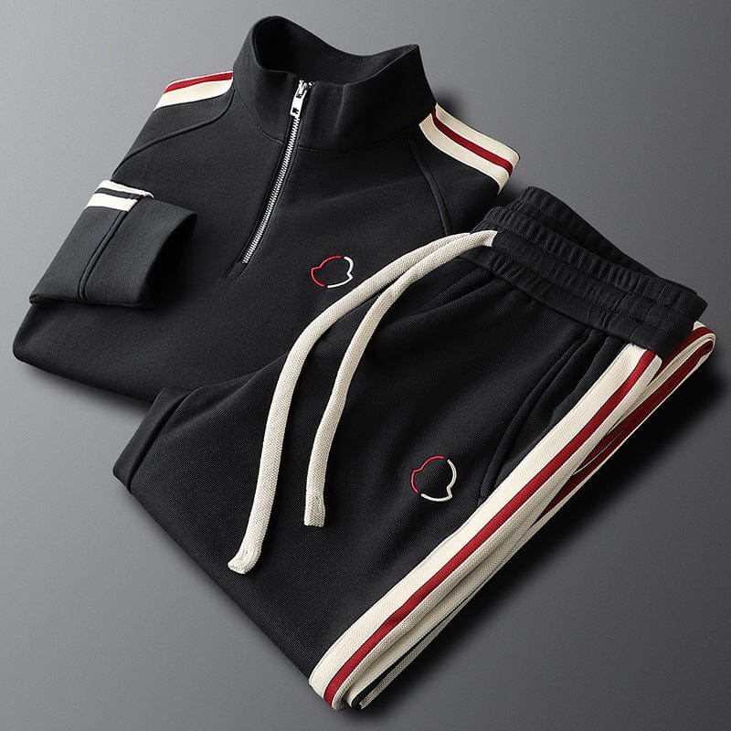 Men's navy blue regular fit quarter zip track jacket and pants set with contrast stripe detail