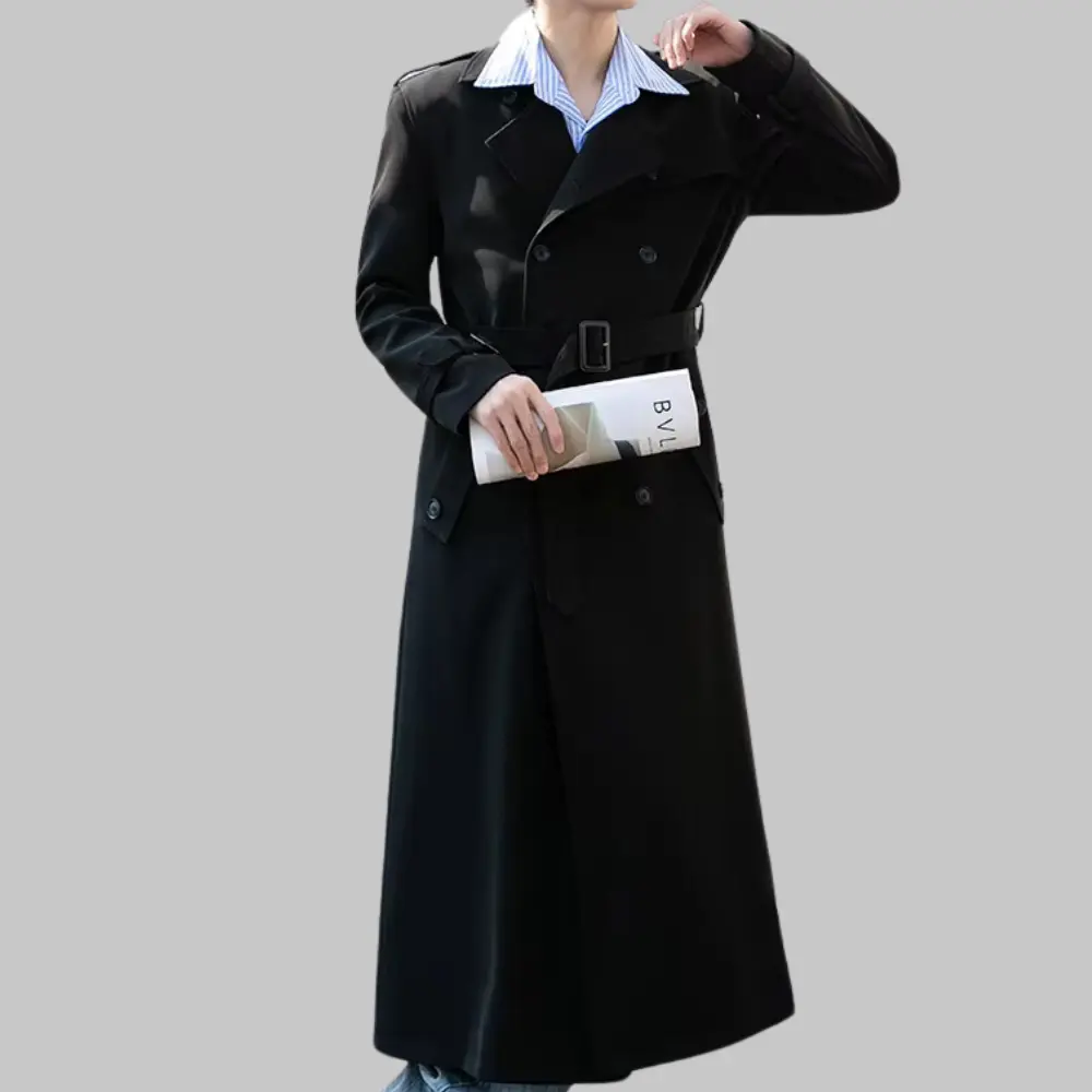 Beige double-breasted trench coat with turn-down collar, classic smart-casual style for men