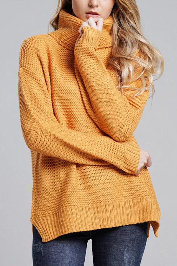Women's chunky knit turtleneck sweater oversized fit with ribbed hem and cuffs cozy casual style