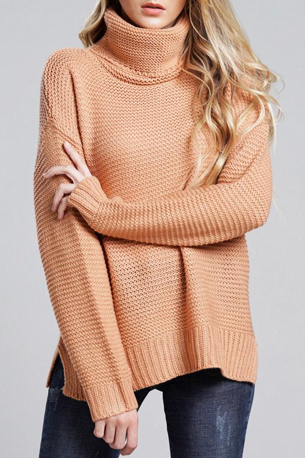 Women's chunky knit turtleneck sweater oversized fit with ribbed hem and cuffs cozy casual style