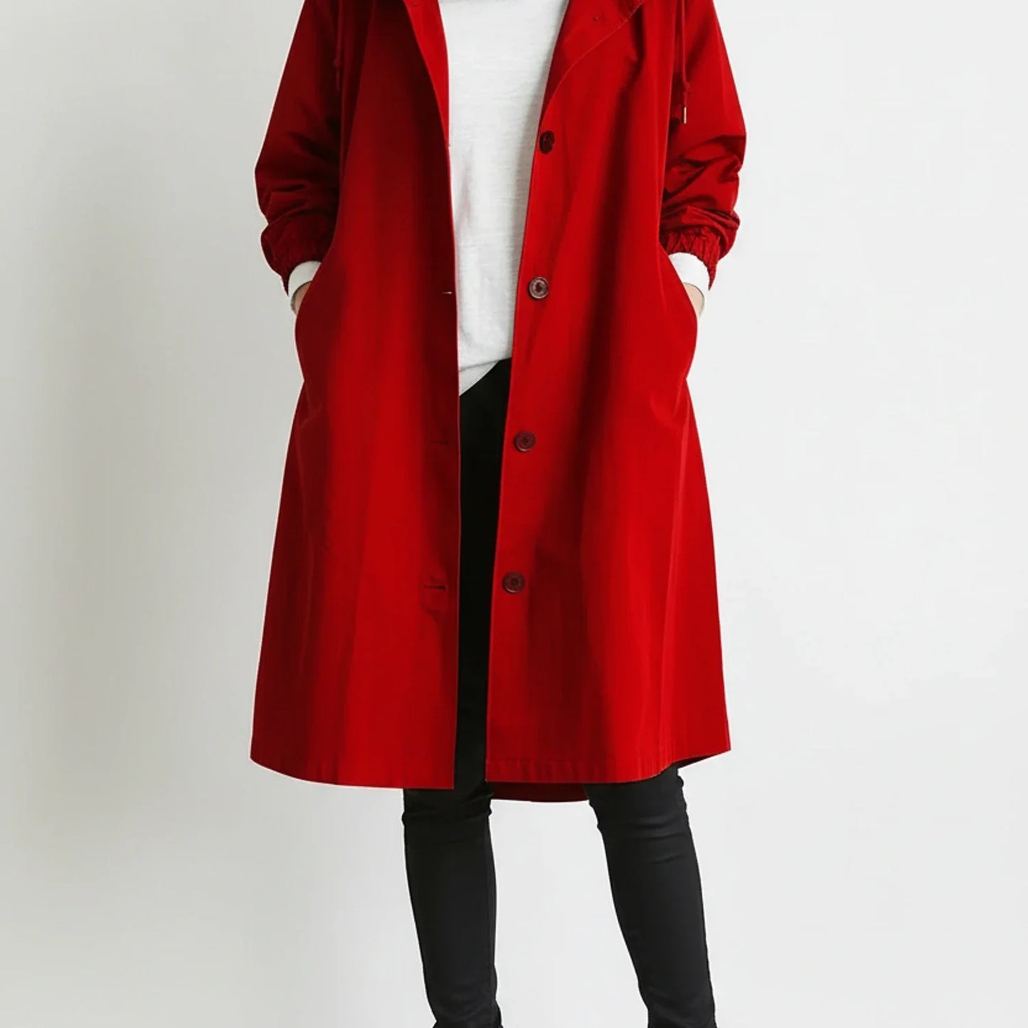Women's hooded long coat A-line silhouette with drawstring hood and side pockets
