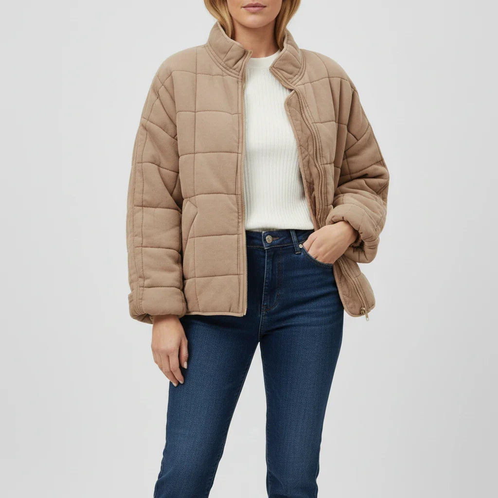 Women's quilted bomber jacket stand collar loose fit versatile outerwear transitional weather essential