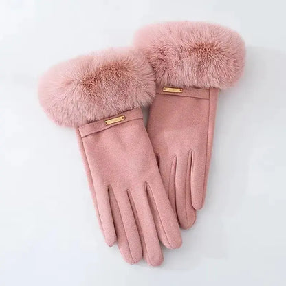 Black faux mink fur full-finger gloves with touchscreen-compatible snug fit for winter
