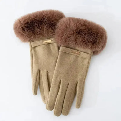 Black full-finger faux mink fur gloves with snug elastic fit and touchscreen-compatible fingertips