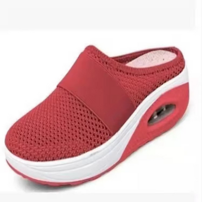 Women's gray mesh slip-on platform mules with comfort air cushion sole, lightweight walking shoes