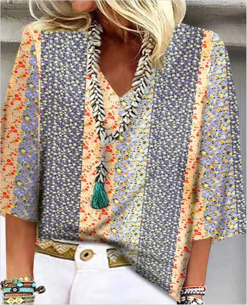Women's ditsy floral patchwork V-neck top in blue grey pink with relaxed 3/4 sleeves