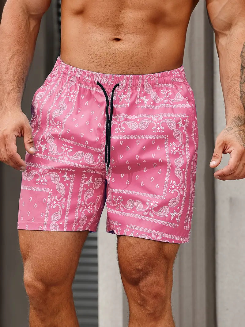 Men's bandana print swim shorts mid-thigh relaxed fit quick-dry beach pool wear