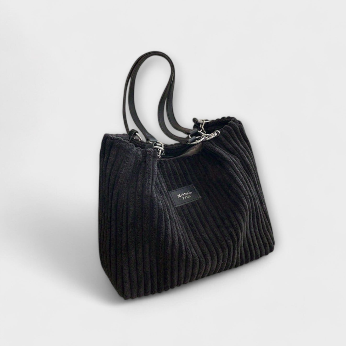 Ribbed shoulder bag with metal chain strap, modern urban design in neutral tone