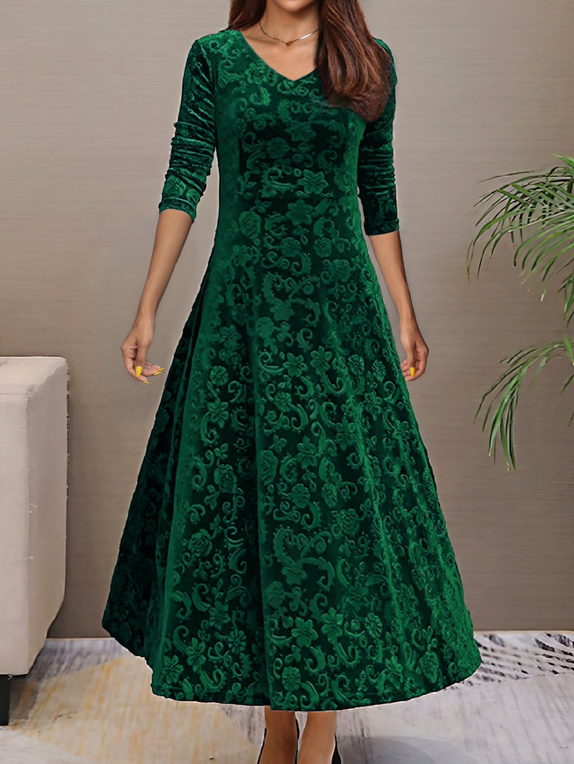 Women's burgundy velvet A-line evening dress with V-neck, 3/4 sleeves, and floral pattern