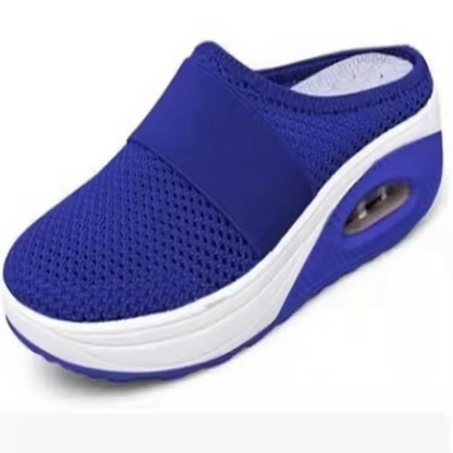 Women's gray mesh slip-on platform mules with comfort air cushion sole, lightweight walking shoes