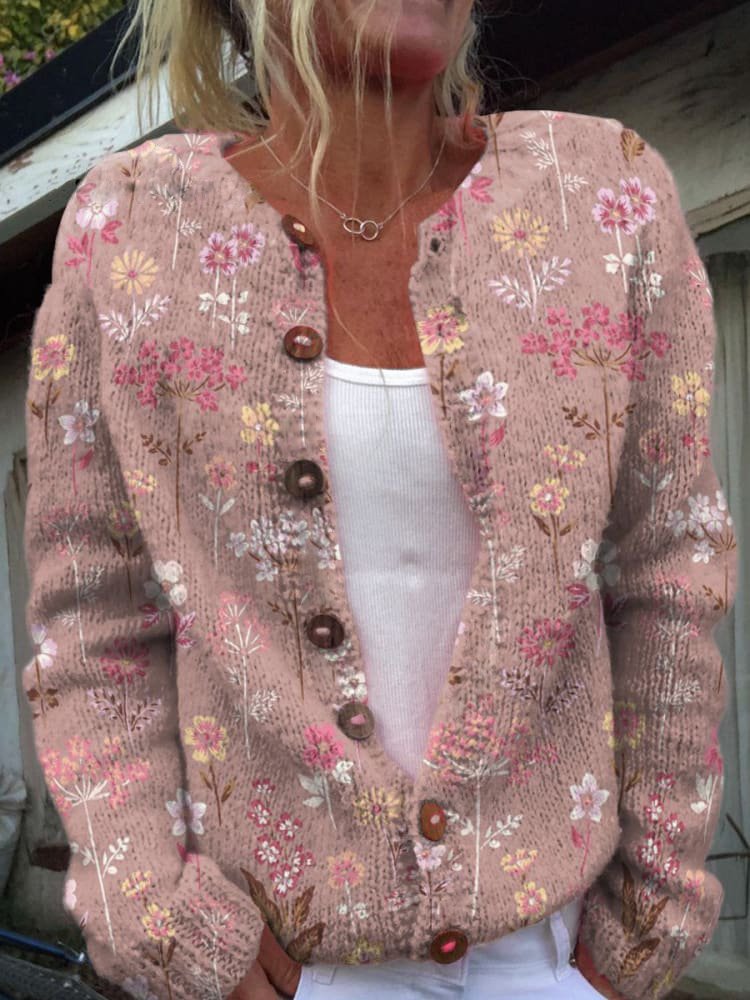 Women's blue floral knit cardigan vintage-inspired breathable layering essential with delicate woven motifs