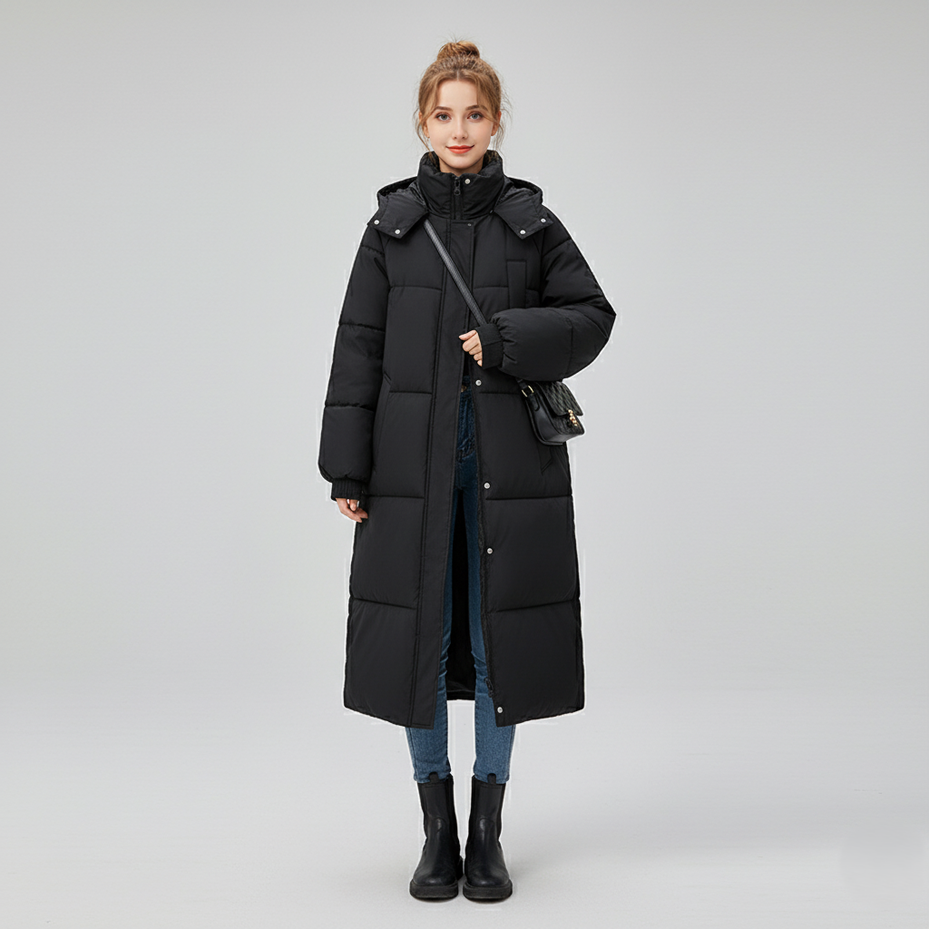 Women's long puffer trench coat oversized fit quilted insulated hooded high collar winter outerwear