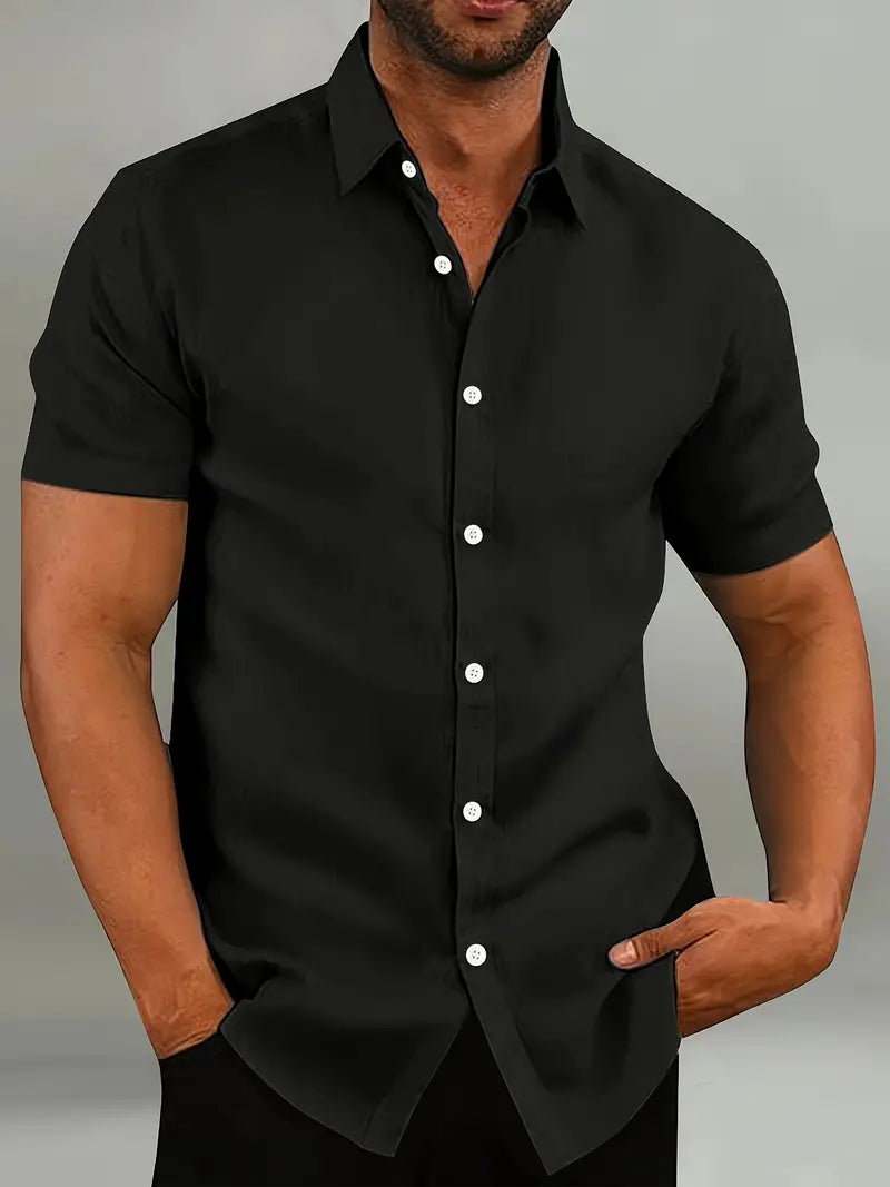 Light blue men's slim fit short sleeve shirt with classic collar and button closure