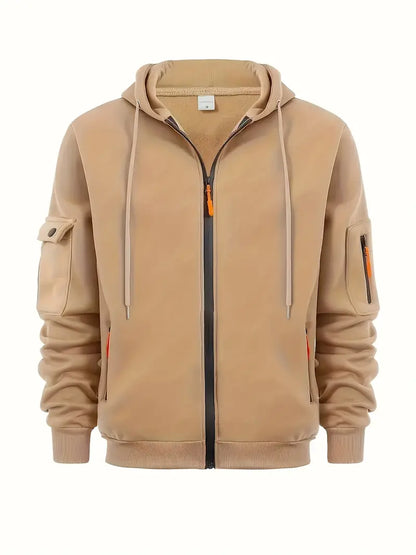 Men's lightweight gray zip-up hoodie with full-length zipper and functional side pockets