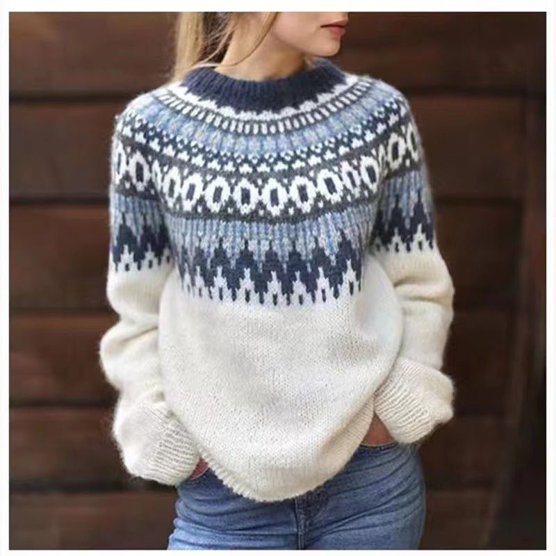 Women's cozy Nordic pattern knit sweater relaxed fit soft warm timeless winter style