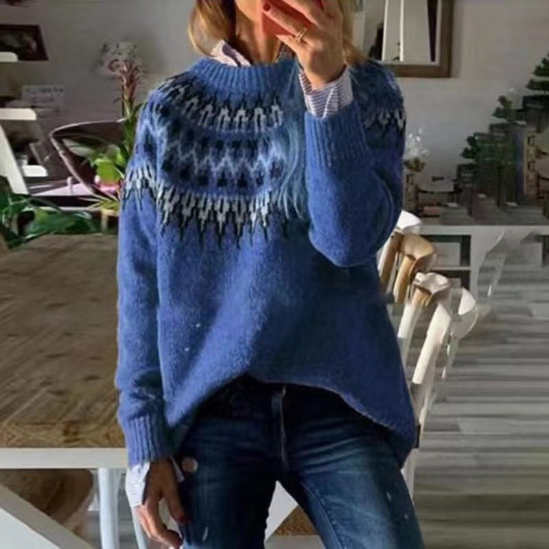 Women's Nordic pattern sweater soft knit relaxed fit with classic winter design in cozy warm tones