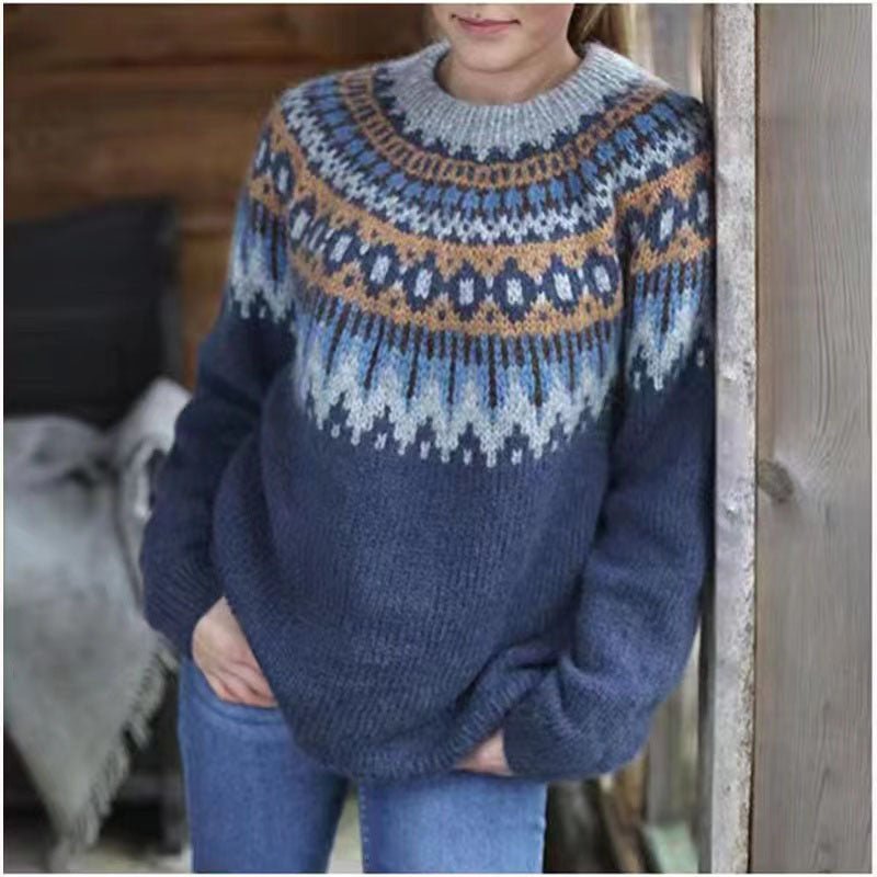 Women's Nordic pattern knit sweater relaxed fit soft cozy winter style multicolor fair isle design