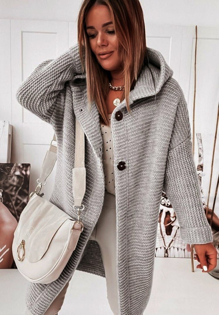 Women's knit wool hooded cardigan relaxed fit mid-length single button closure cozy layering essential
