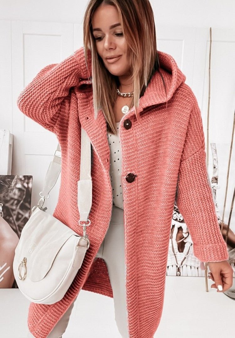 Women's knit wool hooded cardigan relaxed fit mid-length single button closure cozy layering piece