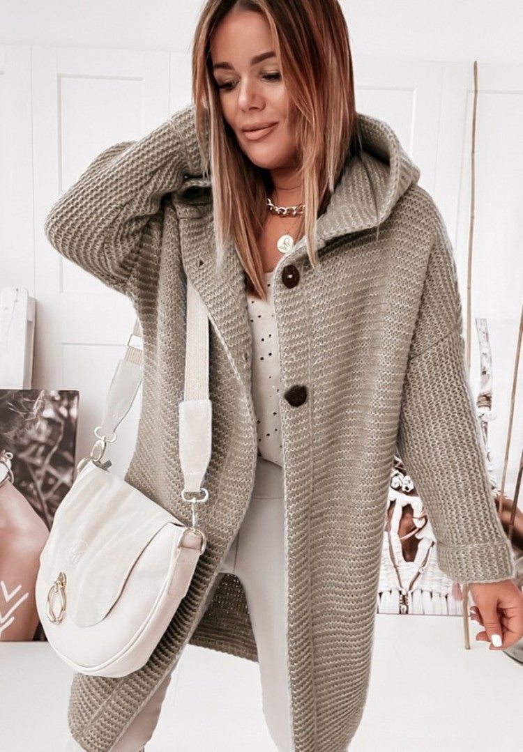 Women's grey knit wool hooded cardigan relaxed fit mid-length single button closure