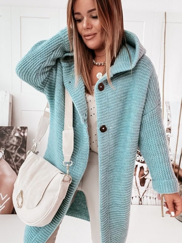 Women's gray knit wool hooded cardigan relaxed fit mid-length single button closure