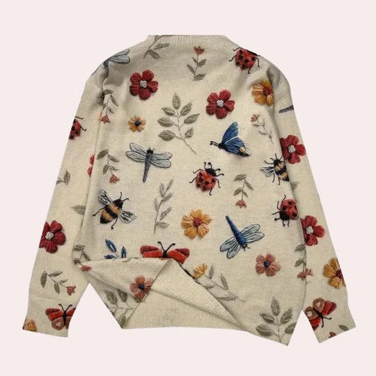 Women's floral embroidered knit sweater soft silhouette long-sleeve neutral versatile spring autumn style