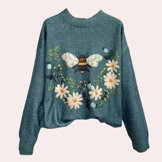 Women's floral embroidered knit sweater soft silhouette long-sleeve neutral spring autumn versatile