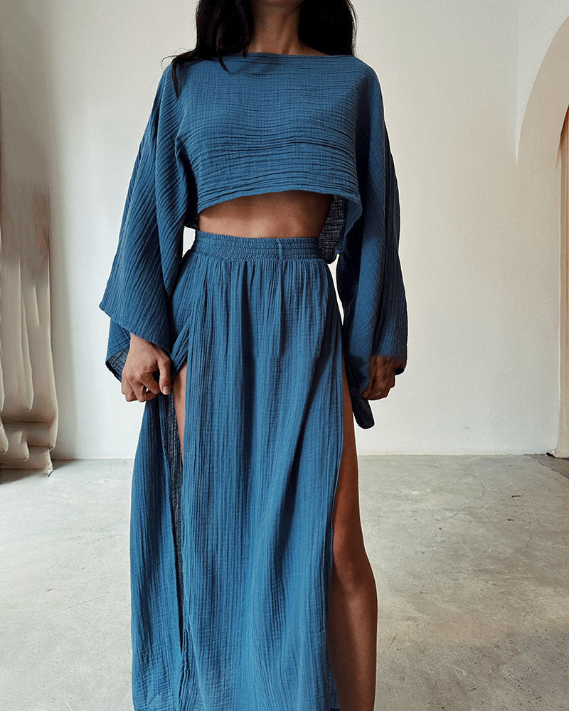 Ivory gauze two-piece set cropped wide-sleeve top and high-slit maxi skirt lightweight breathable