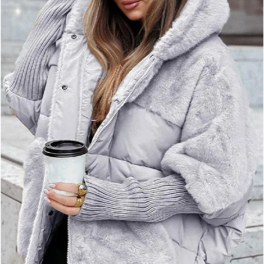 Women's oversized cocoon plush coat with faux fur trim, premium cotton winter outerwear
