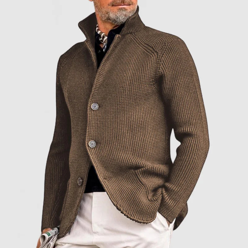 Navy long sleeve knit cardigan for men with button closure and cozy Nordic-inspired texture