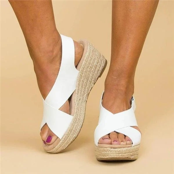 Taupe leather women's comfort espadrille wedge sandals with cross straps and cushioned footbed