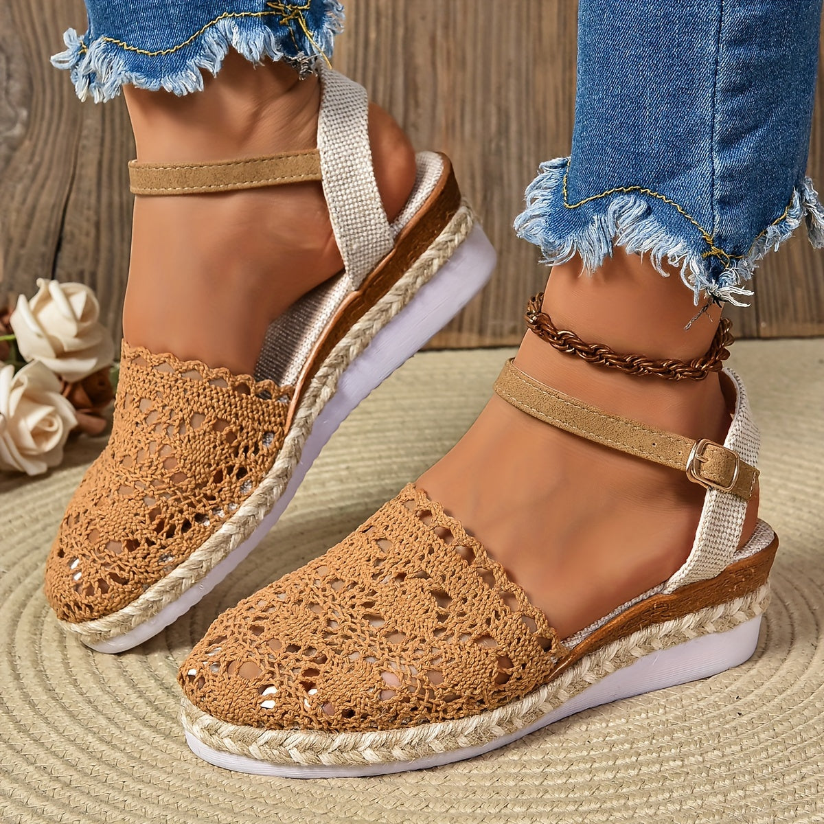 Women's beige comfort adjustable sandals with ergonomic comfort support and cushioned footbed