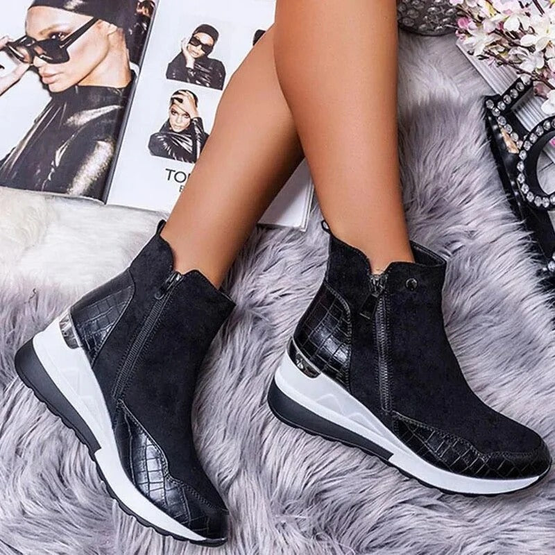 Black zip-up ankle boots with sleek silhouette and winter insulation, Kylie style by Wavlynn