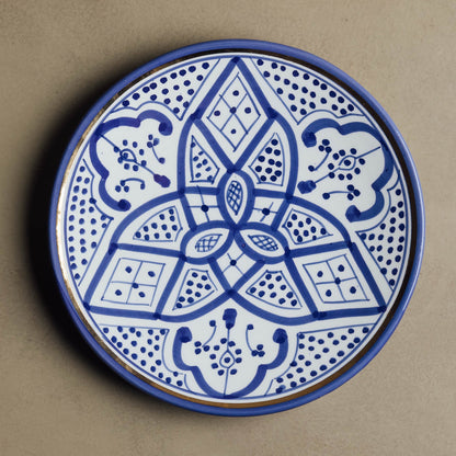 Blue Moroccan handcrafted dinner plate with contemporary design and 12-carat gold accent details
