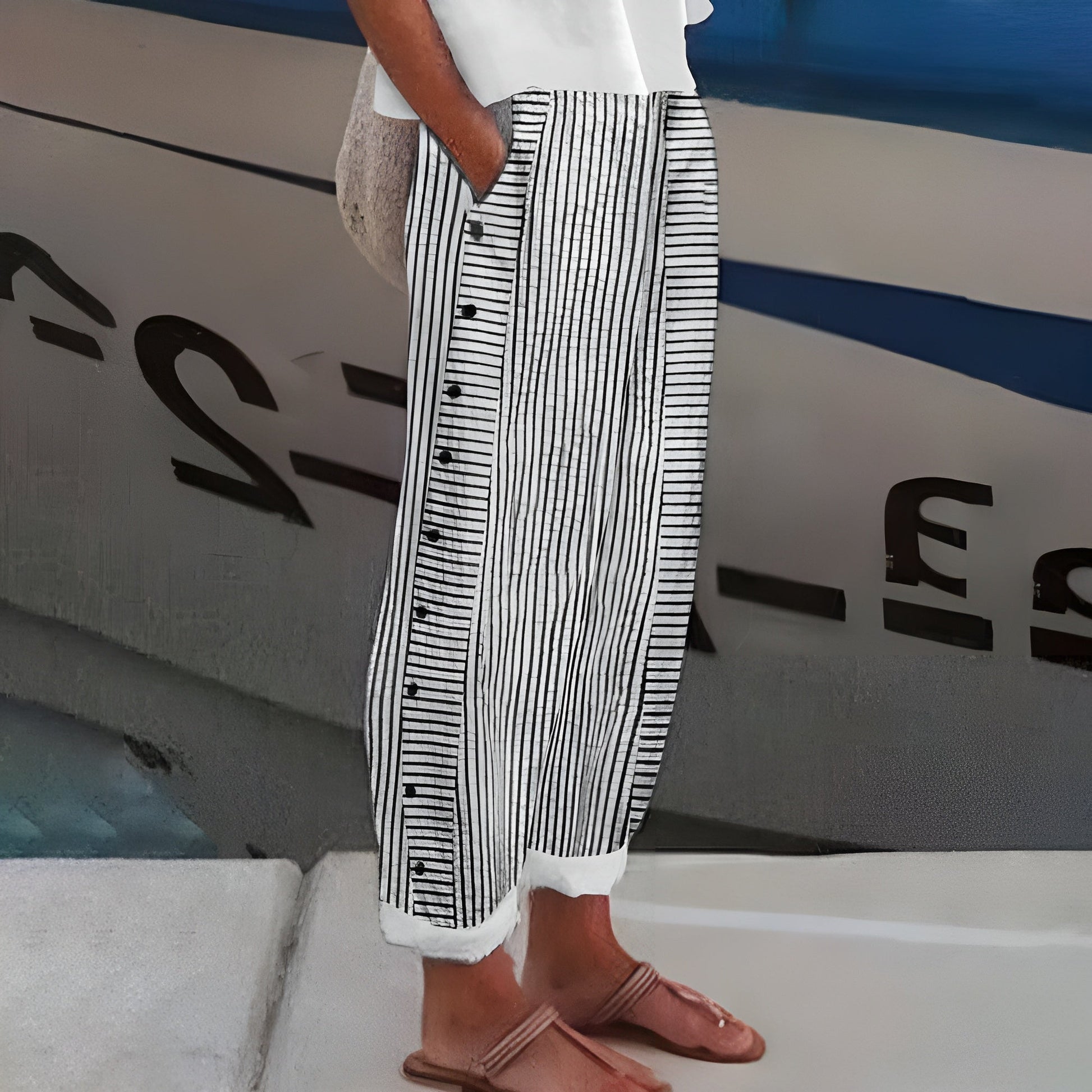 Ankle-length straight linen-cotton blend pants with soft vertical stripes, relaxed fit for women