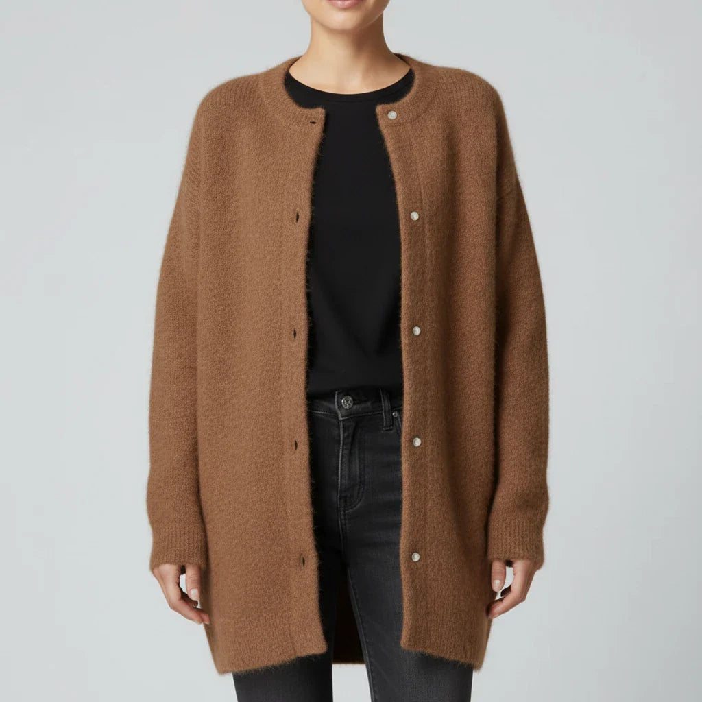 Women's oversized collarless knit cardigan with button front closure in cozy relaxed fit