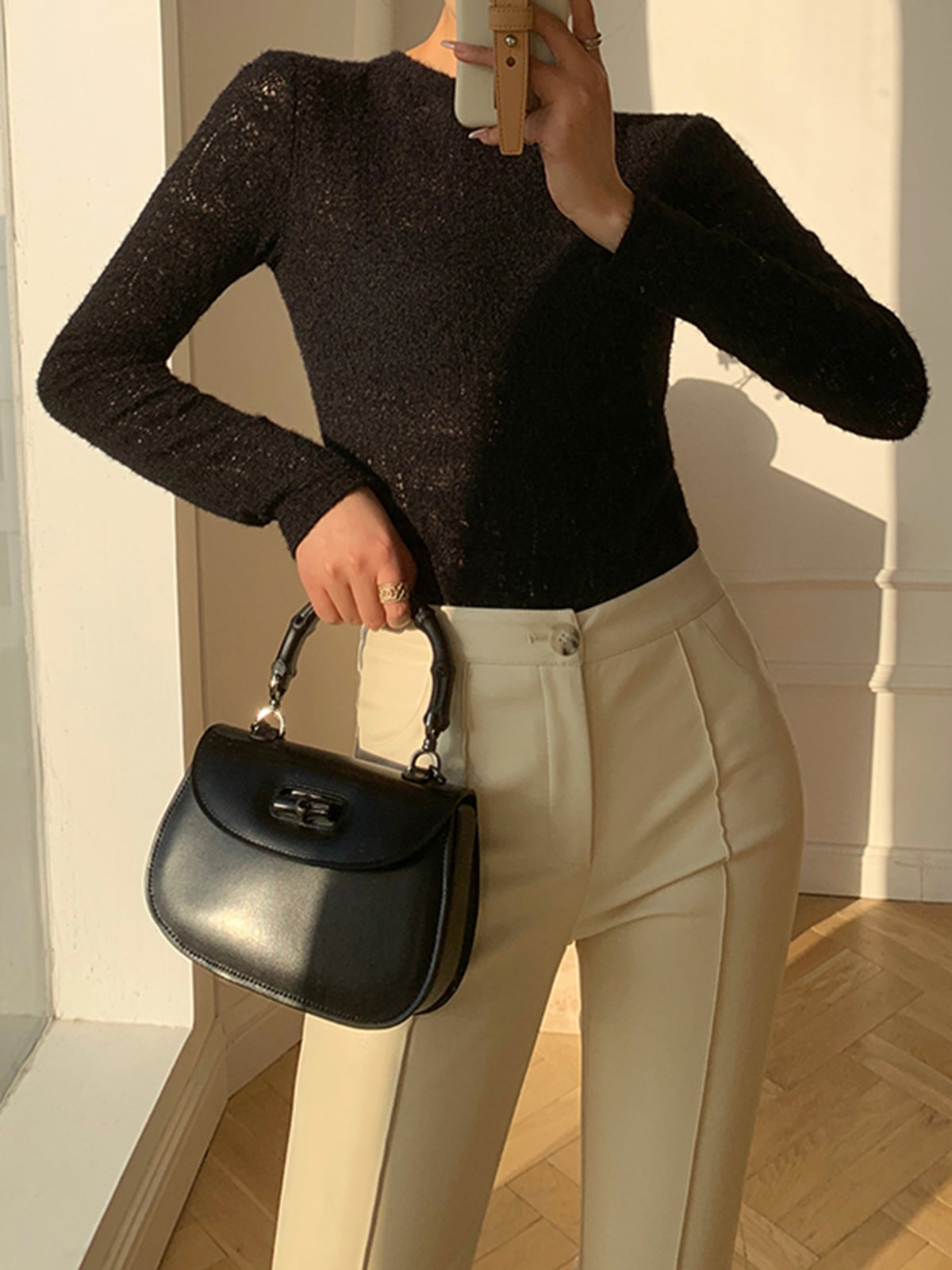 Women's hollow knit crew neck top long sleeve soft fuzzy fabric elegant regular fit