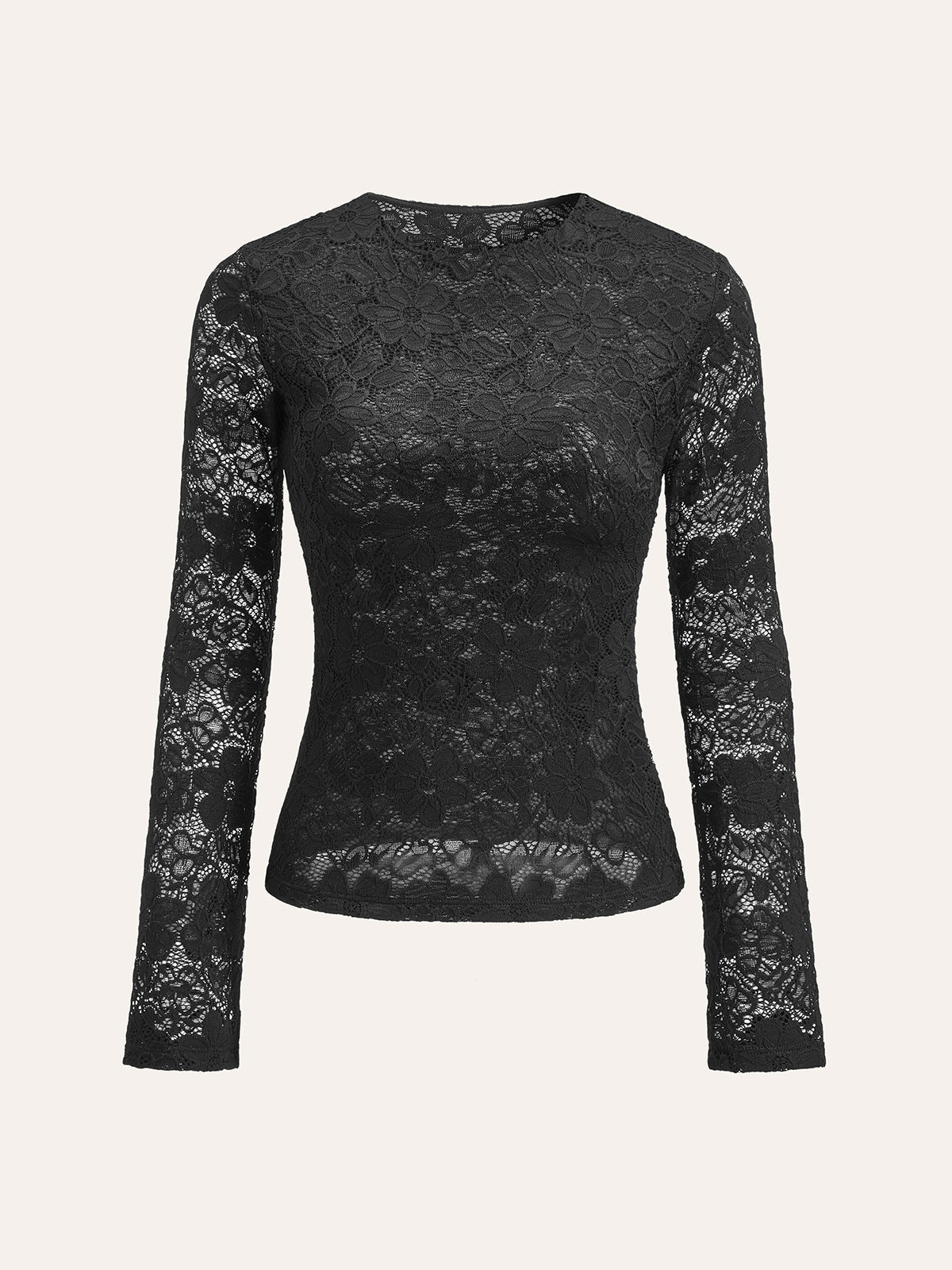 Floral lace long-sleeve top in sheer stretch fabric with elegant fitted silhouette