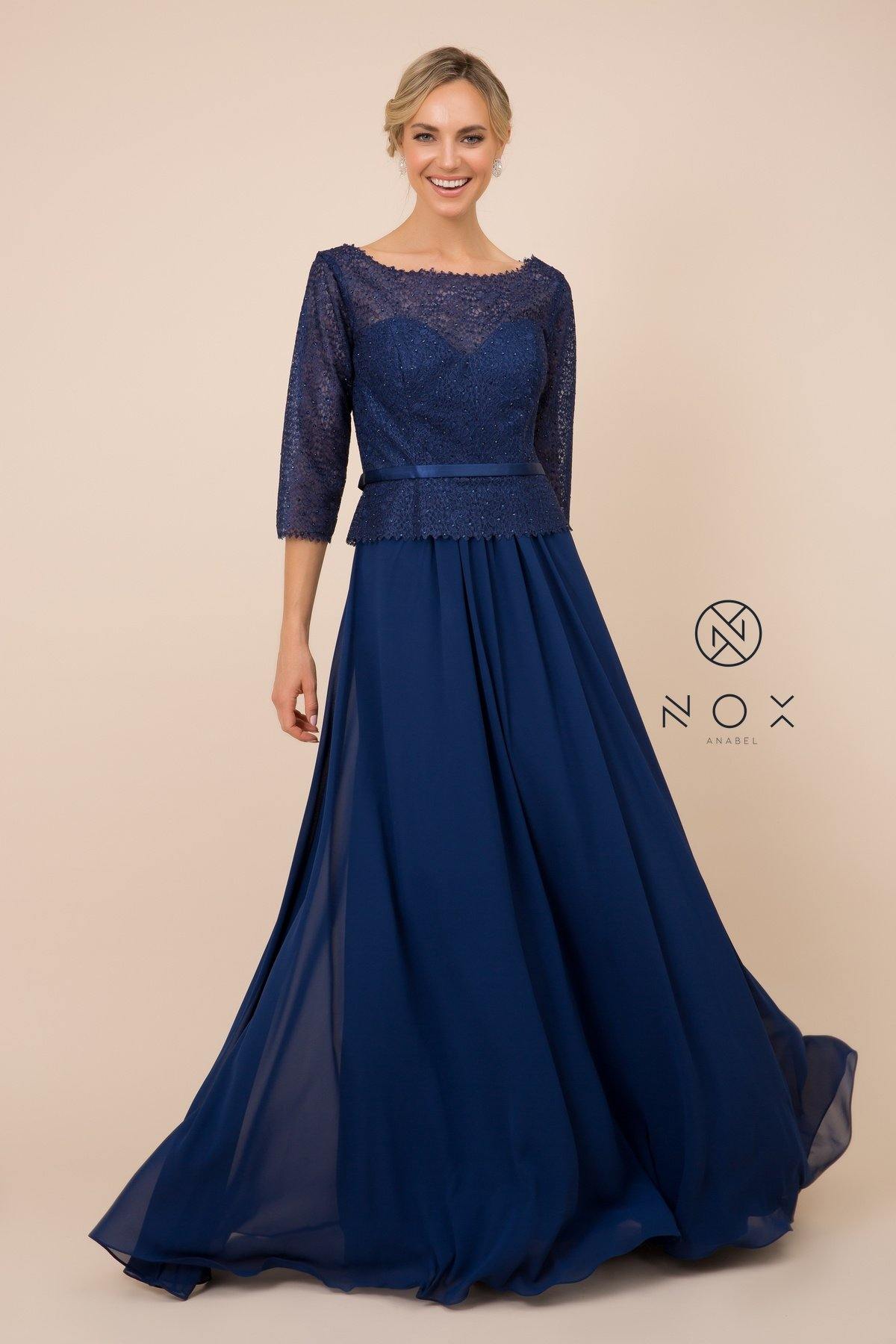 Formal lace bateau neckline mother of the bride dress with peplum detail and quarter sleeves