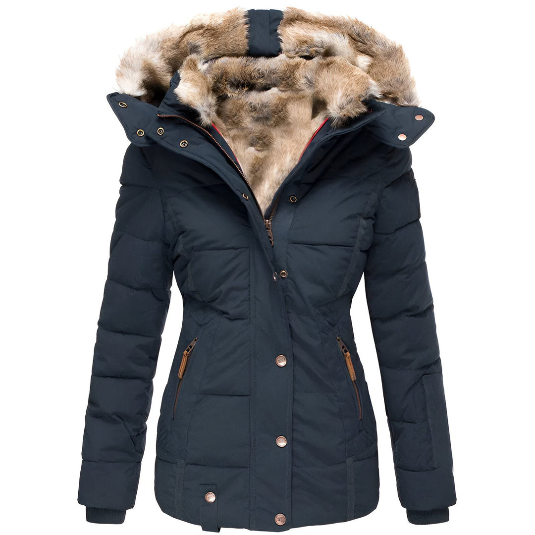 Women's winter puffer jacket with plush fur-lined hood, sleek silhouette for luxurious cold-weather style