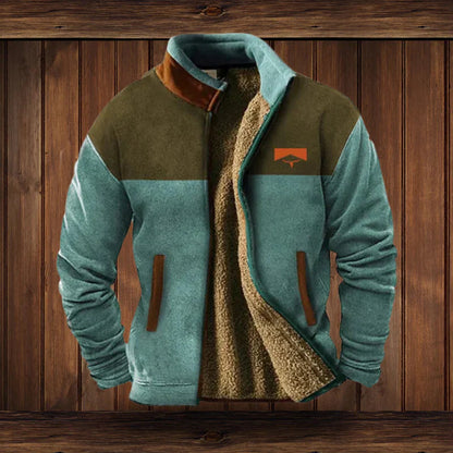 Men's tribal winter coat with heritage pattern sleeves, rugged modern tailoring, premium warmth outerwear