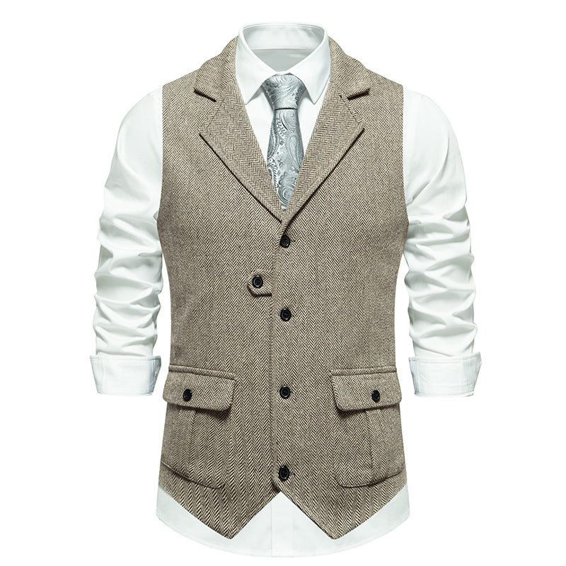 Men's brown herringbone wool-blend tailored vest with button front smart casual office style
