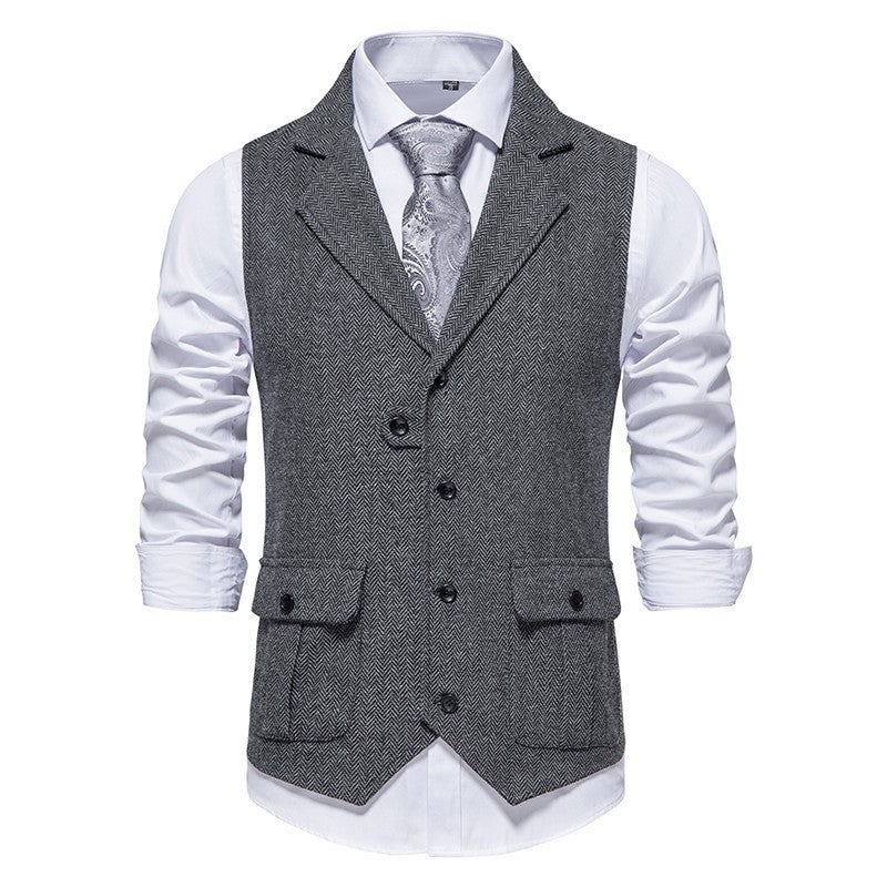 Men's brown herringbone wool-blend tailored vest with button front smart casual office style