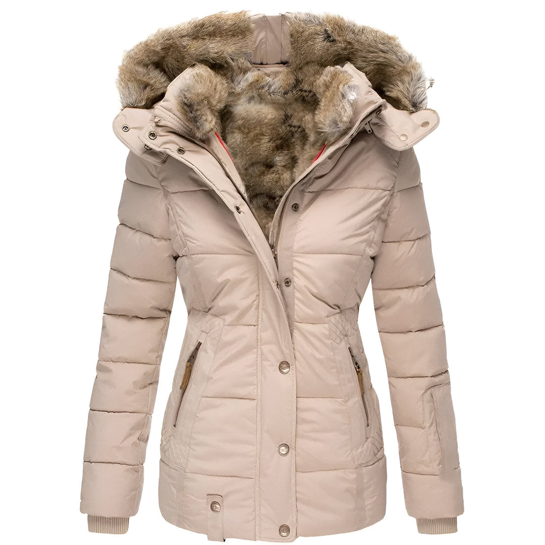 Women's winter puffer jacket with plush fur-lined hood, sleek quilted silhouette for luxurious warmth