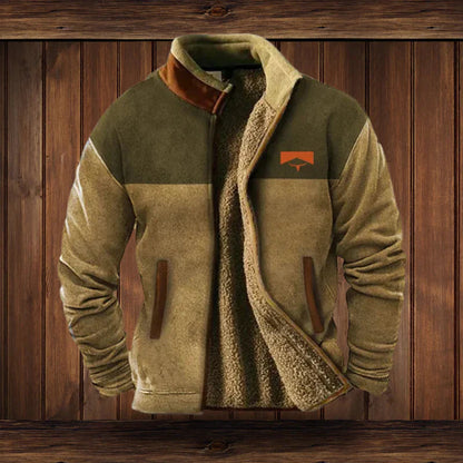 Men's tribal winter coat with heritage pattern sleeves, rugged modern tailoring, premium warmth outerwear