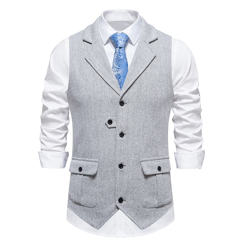 Men's brown herringbone wool-blend tailored vest with button front smart casual office style