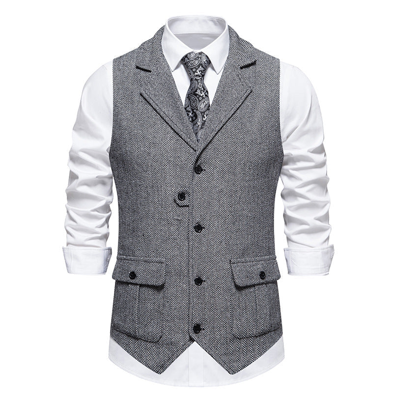 Men's brown herringbone wool-blend tailored vest with button front smart casual office style